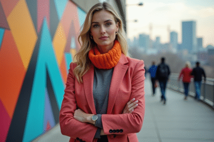 Femme confiante devant un mur urbain coloré et graphique