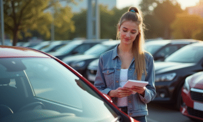 Jeune femme inspectant une Peugeot 208 d'occasion en concession