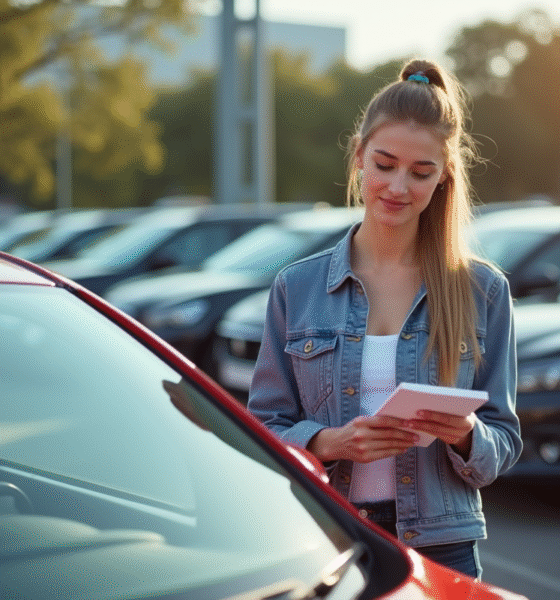 Jeune femme inspectant une Peugeot 208 d'occasion en concession