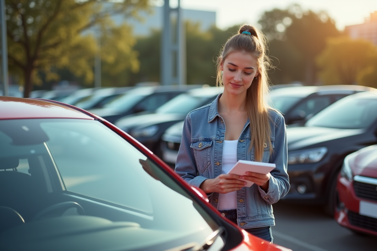 Jeune femme inspectant une Peugeot 208 d'occasion en concession