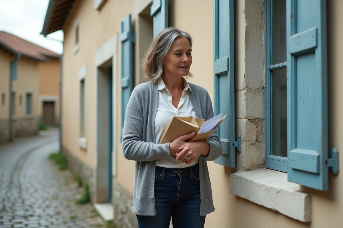 Femme vérifiant son courrier dans une boîte aux lettres murale en pierre dans un village français