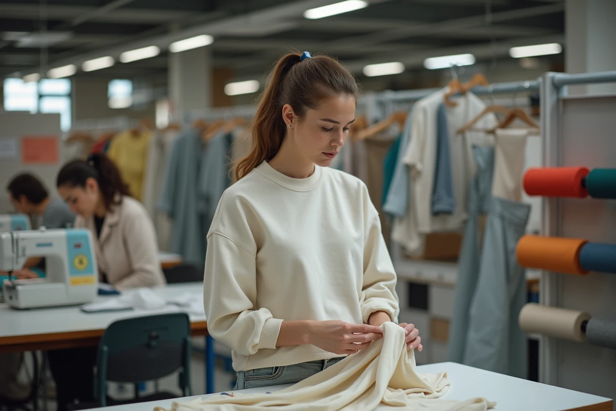 Femme inspectant des vêtements finis dans un atelier de mode animé