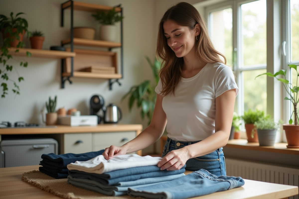 Jeune femme plie des vêtements durables dans un appartement lumineux