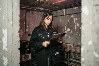Jeune femme découvrant des vinyles techno dans un club underground en béton brut, illustration des styles techno pour débutants
