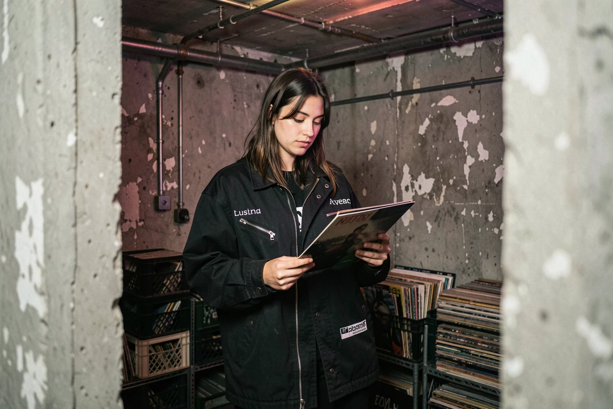 Jeune femme découvrant des vinyles techno dans un club underground en béton brut, illustration des styles techno pour débutants