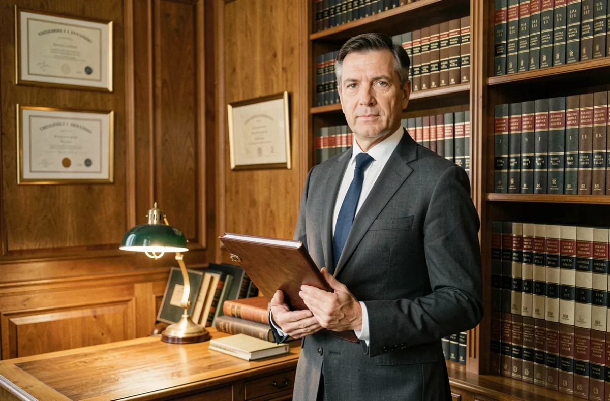Avocat homme debout près d'une bibliothèque juridique tenant un dossier en cuir dans son cabinet