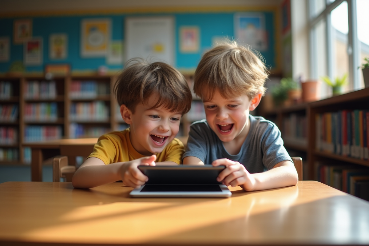 Deux garçons partageant une tablette dans une bibliothèque scolaire