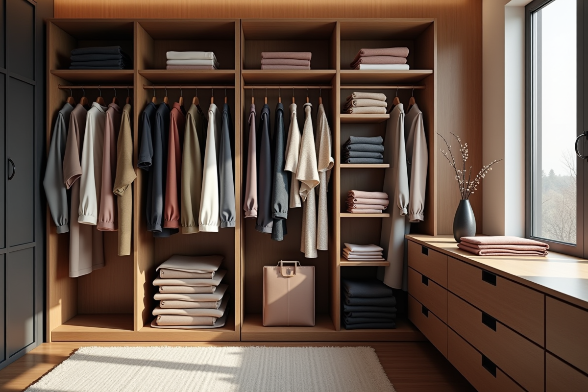 Garde-robe moderne avec vêtements et tissus bien rangés
