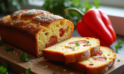 Gâteau salé aux poivrons et chorizo tranché sur planche en bois