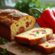 Gâteau salé aux poivrons et chorizo tranché sur planche en bois