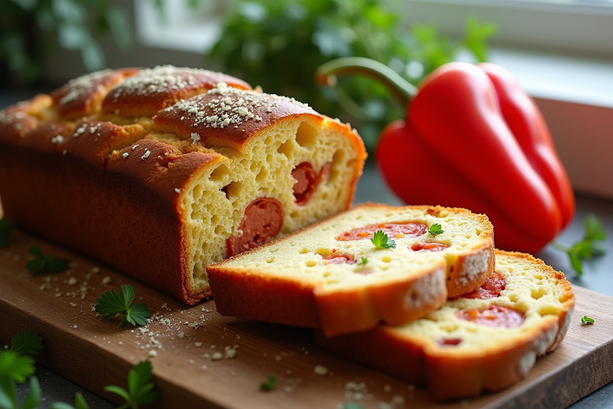 Gâteau salé aux poivrons et chorizo tranché sur planche en bois