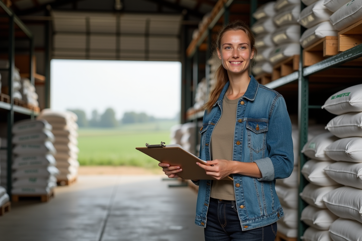 Jeune femme gestionnaire vérifie inventaire dans un hangar agricole