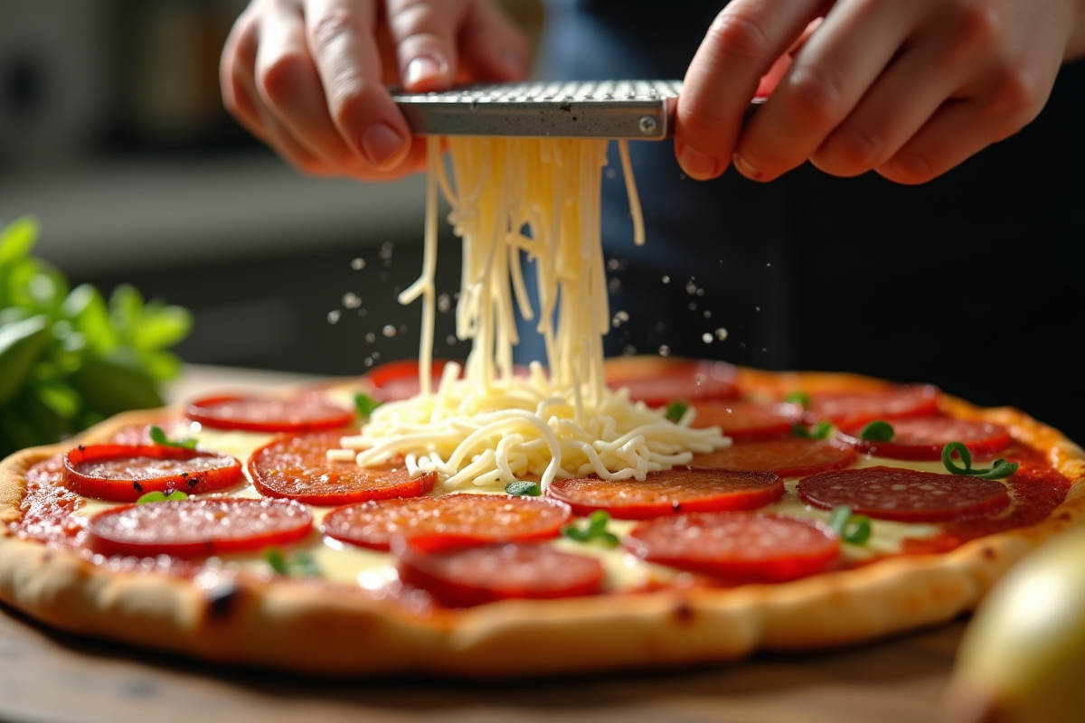 Mains râpant du fromage sur une pizza maison
