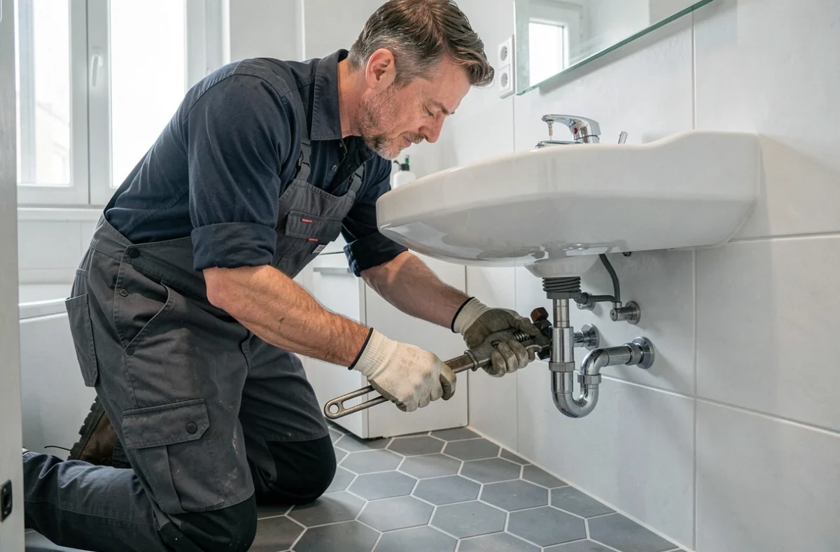 Plombier de Grenier Plomberie Chauffage remplaçant un robinet sous un lavabo dans une salle de bain moderne