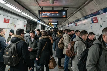 Quai de métro bondé à Lyon lors d'une grève TCL avec des voyageurs frustrés et un tableau d'affichage indiquant des lignes supprimées