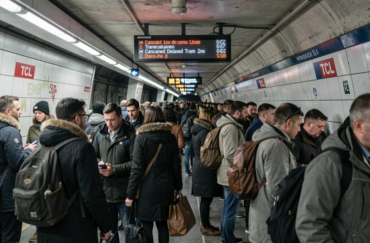 Quai de métro bondé à Lyon lors d'une grève TCL avec des voyageurs frustrés et un tableau d'affichage indiquant des lignes supprimées
