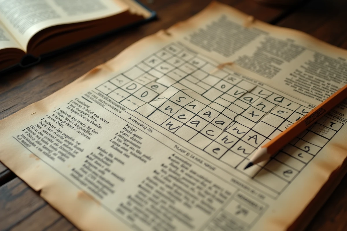 Gros plan d'une grille de mots fléchés partiellement complétée avec un crayon et un dictionnaire français ouvert