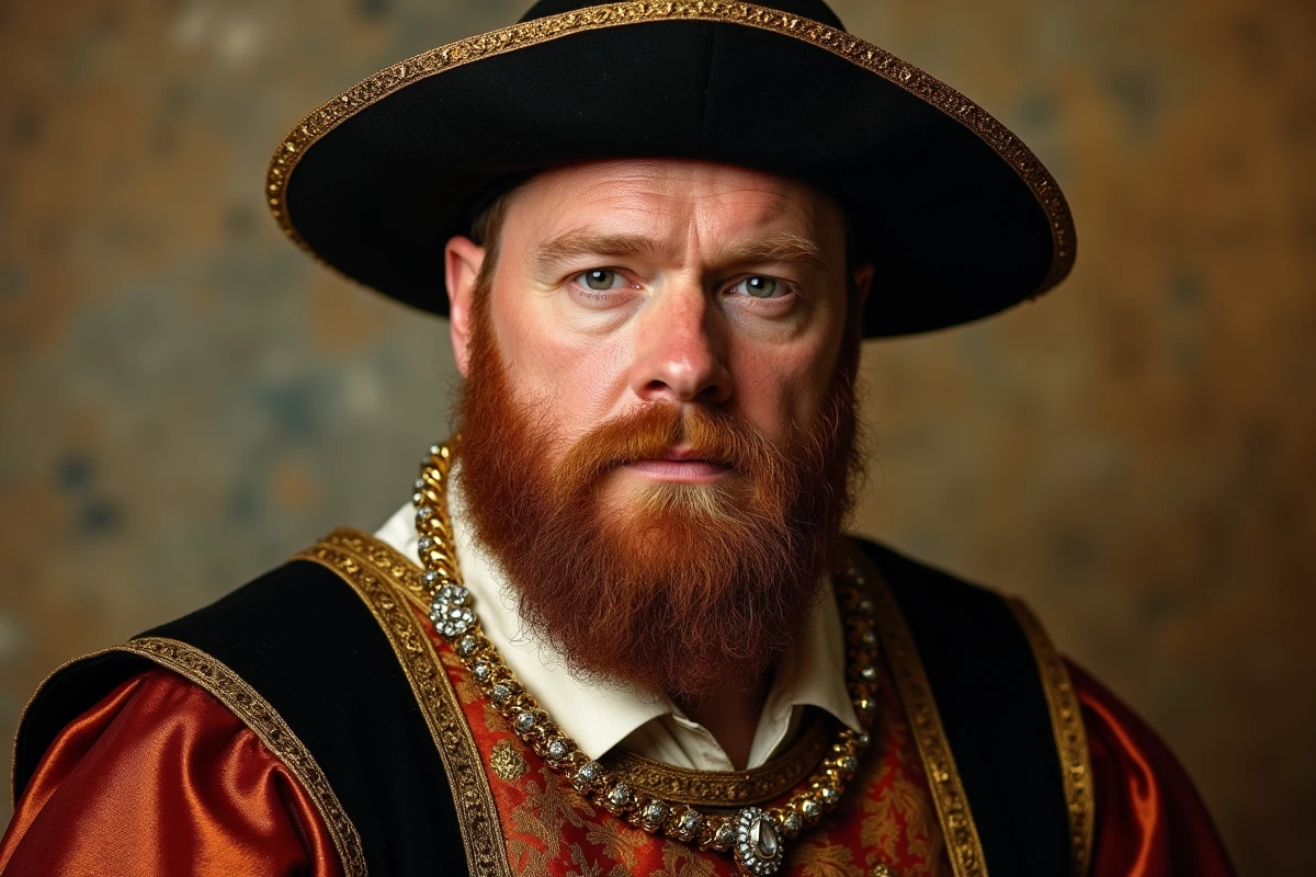 Gros plan photographique hyper-réaliste d'un homme barbu en tenue Renaissance portant bonnet Tudor et chaîne en or, évoquant un portrait historique d'Henri VIII peint à l'huile