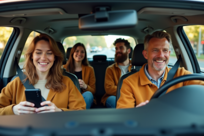 Groupe de quatre adultes dans une voiture moderne en ville