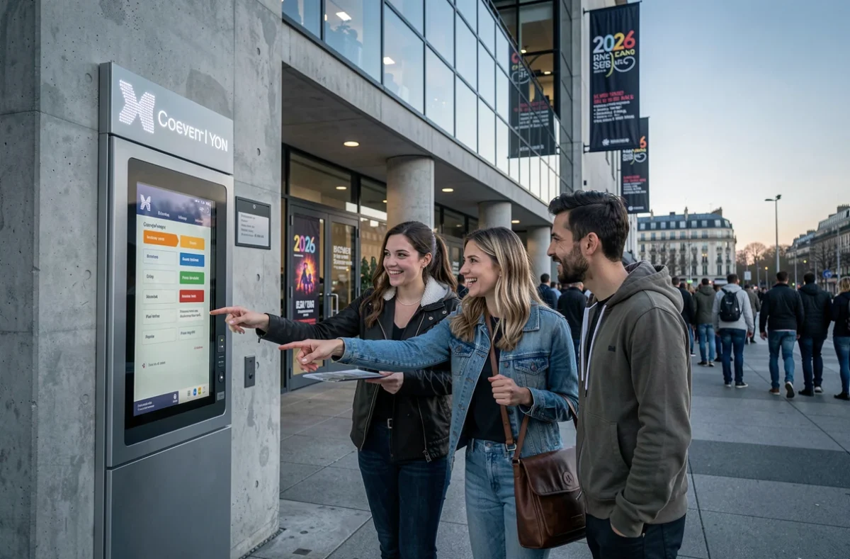 Groupe d'amis devant une salle de concert à Lyon consultant un kiosque de billetterie pour un concert 2026