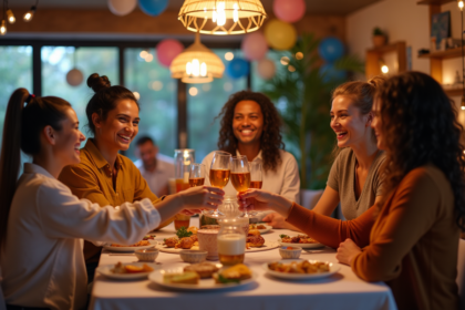 Groupe d'amis souriants lors d'une fête conviviale