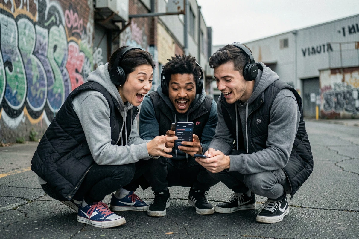 Groupe de jeunes découvrant les sous-genres de la techno en plein air dans un quartier industriel urbain