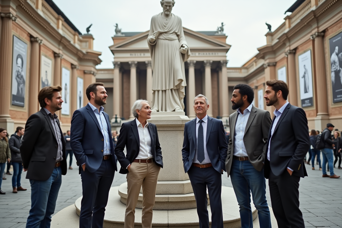 Groupe de personnes autour d une statue dans une place urbaine