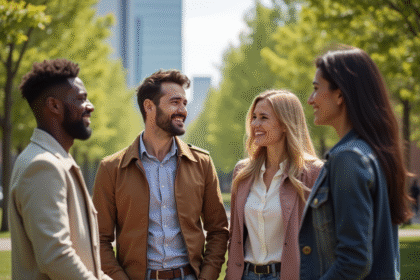 Groupe diversifié de personnes dans un parc urbain ensoleille