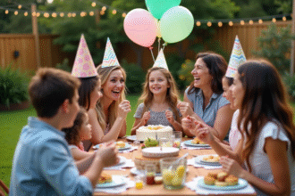 Groupe divers d adultes et enfants lors d une fête dans un jardin