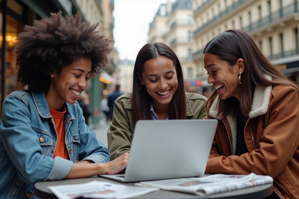 Groupe de jeunes autour d’un café à Paris regardant un site satirique