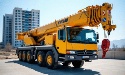 Grue camion jaune sur un chantier urbain en plein jour