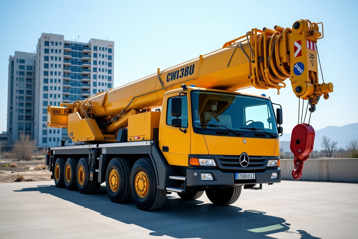 Grue camion jaune sur un chantier urbain en plein jour