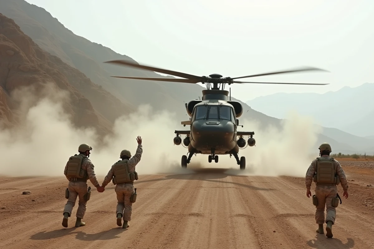 Hélicoptère militaire en phase d'atterrissage sur une zone improvisée en montagne avec soldats au sol lors d'une opération extérieure