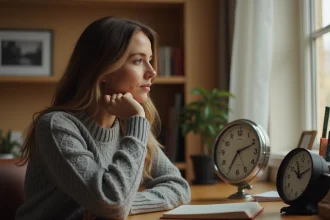 Femme contemplant une horloge analogique affichant 21h21, ambiance spirituelle et introspective dans un bureau cosy