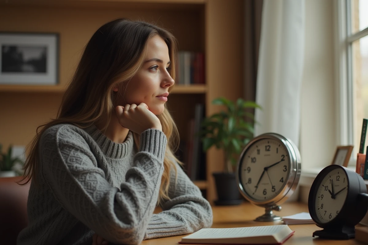 Femme contemplant une horloge analogique affichant 21h21, ambiance spirituelle et introspective dans un bureau cosy