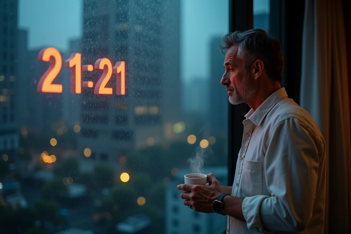 Homme observant le reflet d'une horloge numérique affichant 21h21 dans une fenêtre nocturne, moment de synchronicité spirituelle