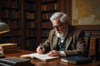 Historien âgé en bibliothèque avec livres anciens