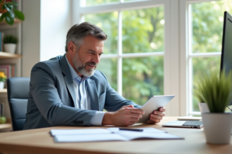 Homme d'affaires en bureau lumineux examinant documents