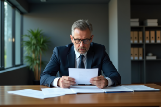 Homme d'affaires en costume dans une banque française
