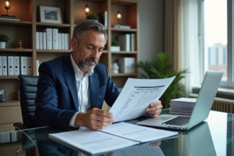 Homme d'affaires en costume lisant un document fiscal dans un bureau moderne