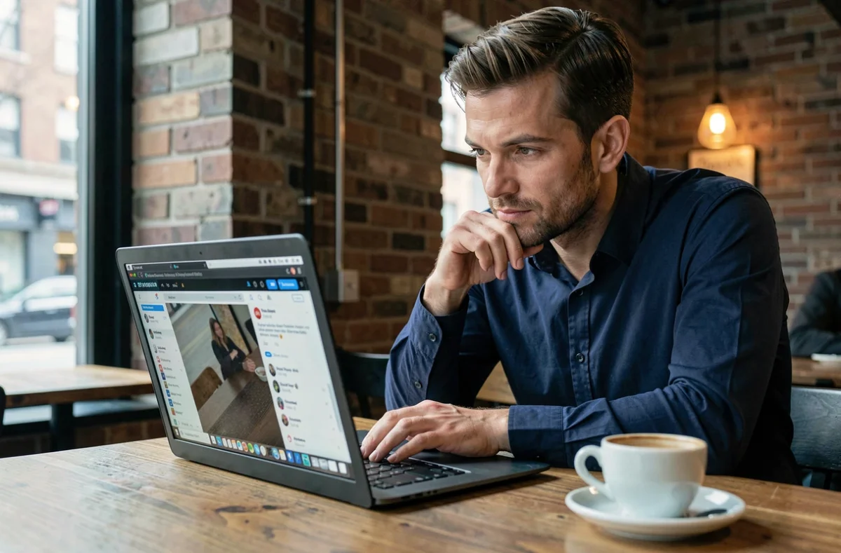 Homme analysant des informations sur Vatrab com via plusieurs onglets de réseaux sociaux dans un café