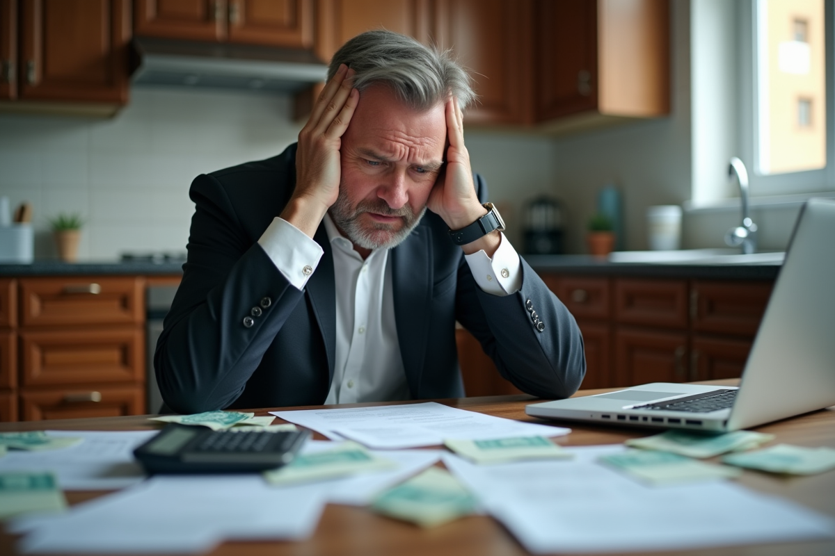 Homme d'âge moyen anxieux avec factures et calculatrice