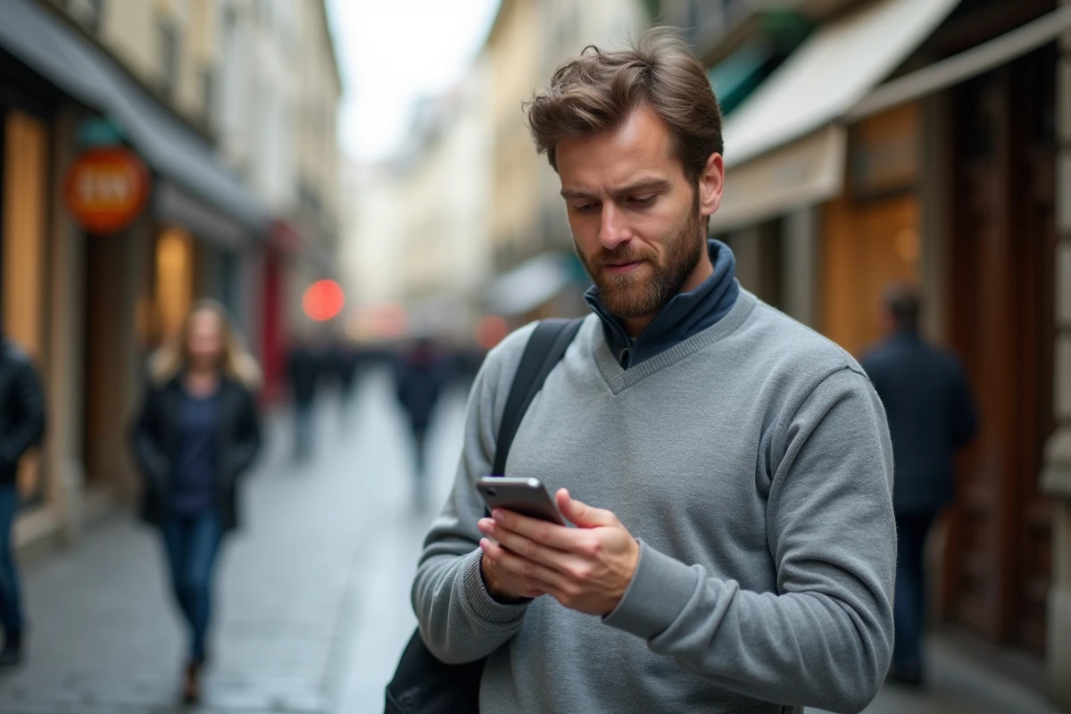 Homme composant un numéro de renseignement téléphonique 118 dans une rue en ville