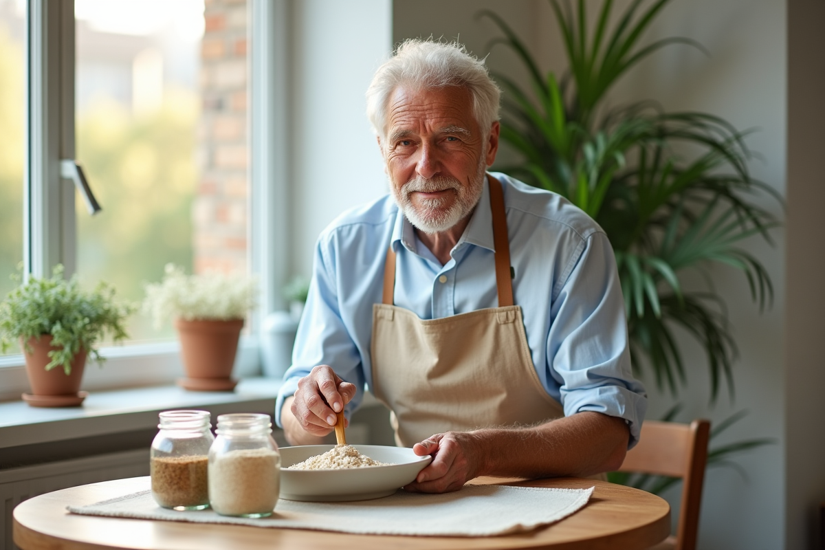 Homme âgé préparant farine d
