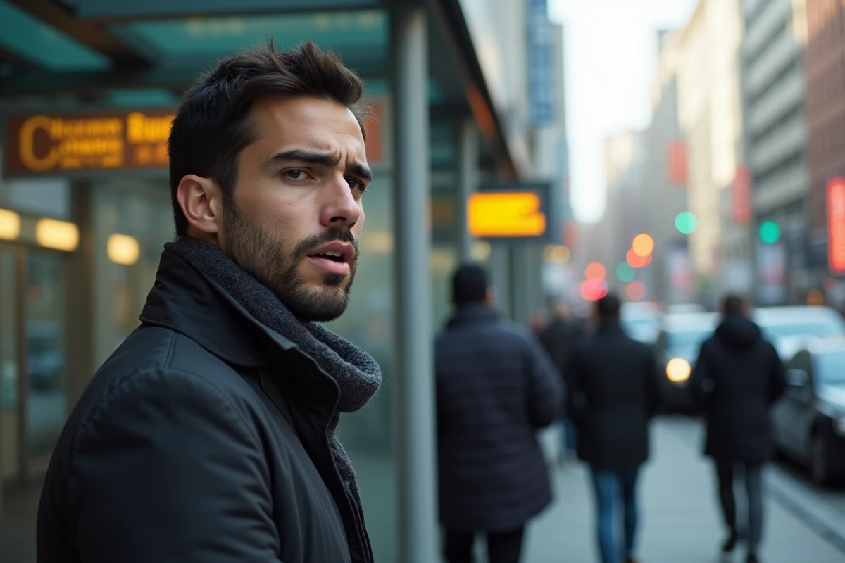 Jeune homme dans un arrêt de bus urbain avec expression d