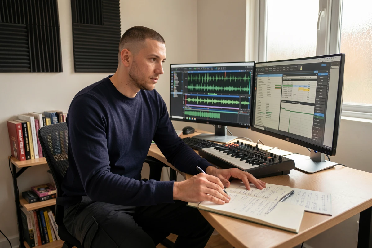 Homme dans un home studio étudiant les différents styles de musique techno sur ordinateur, guide visuel pour débutants