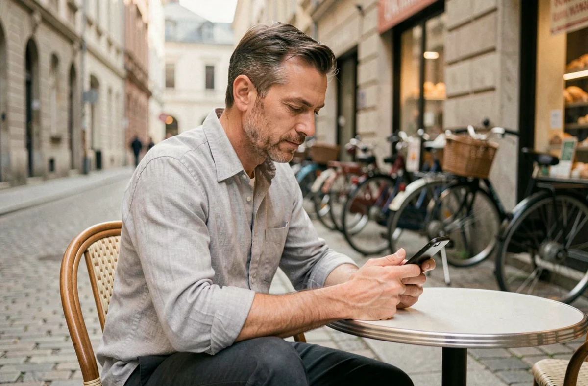 Homme vérifiant les horaires de prière sur son smartphone dans un café en voyage