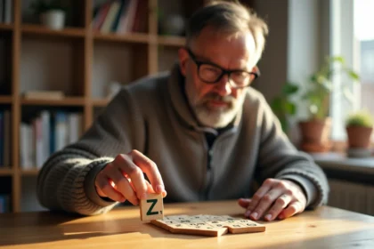 Homme d'âge moyen posant une tuile Z sur un plateau de Scrabble