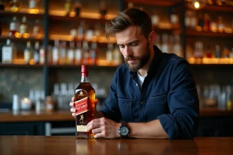 Homme examinant une bouteille de Johnnie Walker Red Label dans un bar à whisky chaleureux en bois