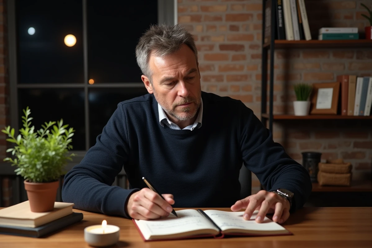 Homme consultant son journal financier à son bureau lors de la pleine lune de novembre pour manifester l'abondance